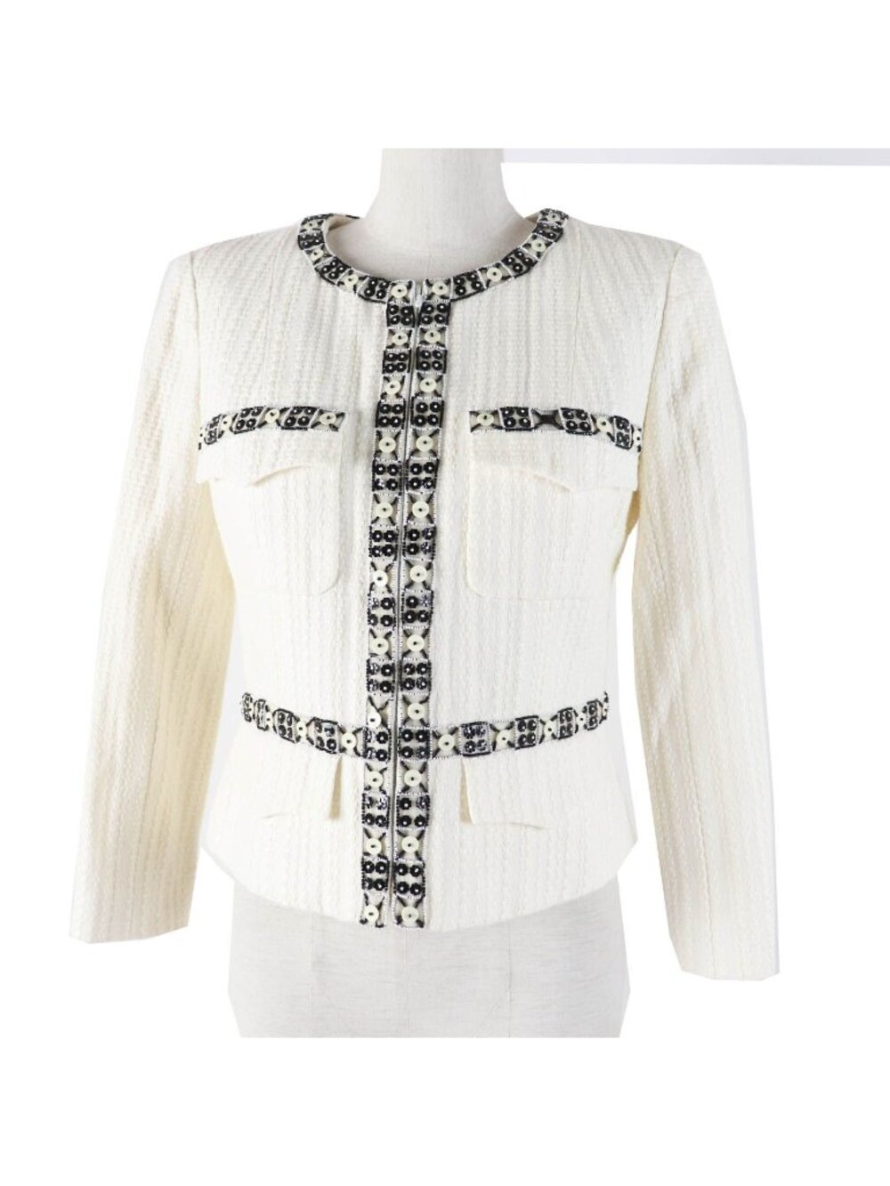 Chanel 03P Linen Blend CC Logo Bead Decoration Collarless Single Color Tweed
